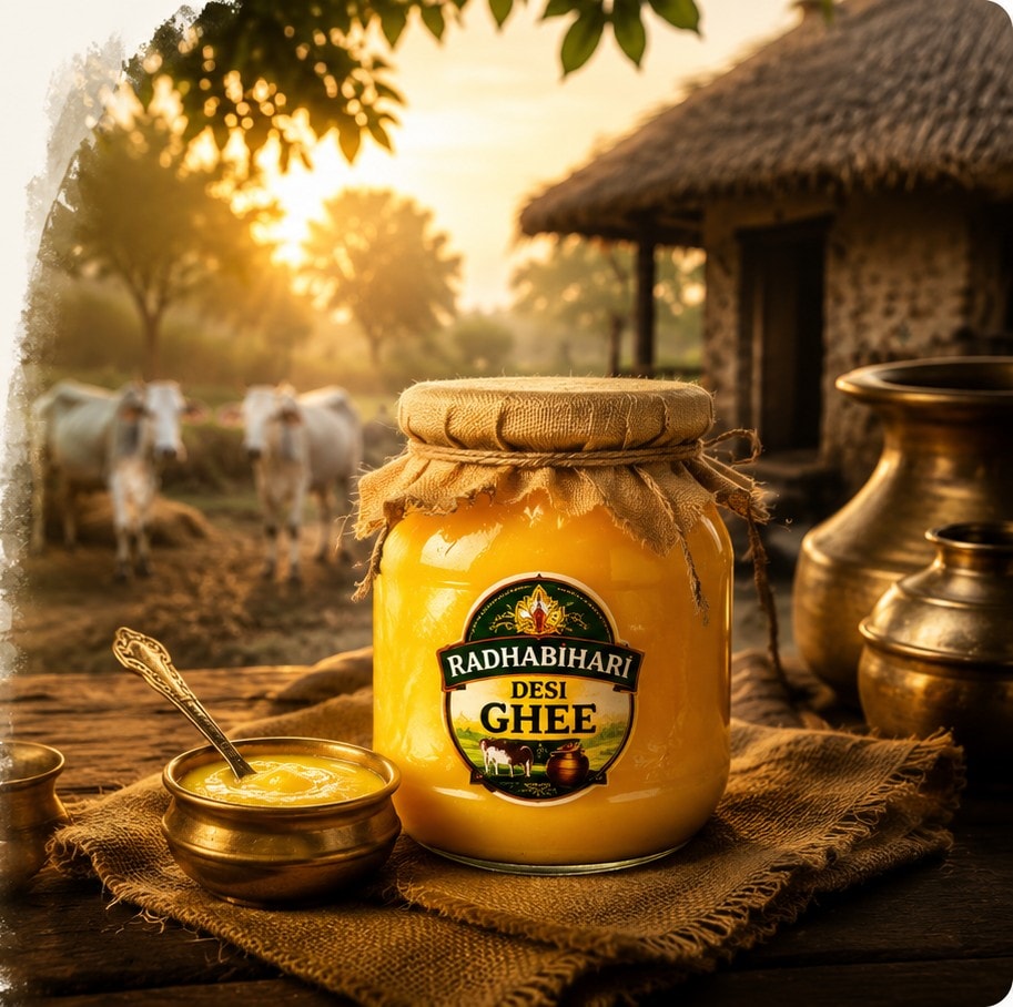 Radha Bihari Deshi Ghee jar at a village home, cows grazing in the background